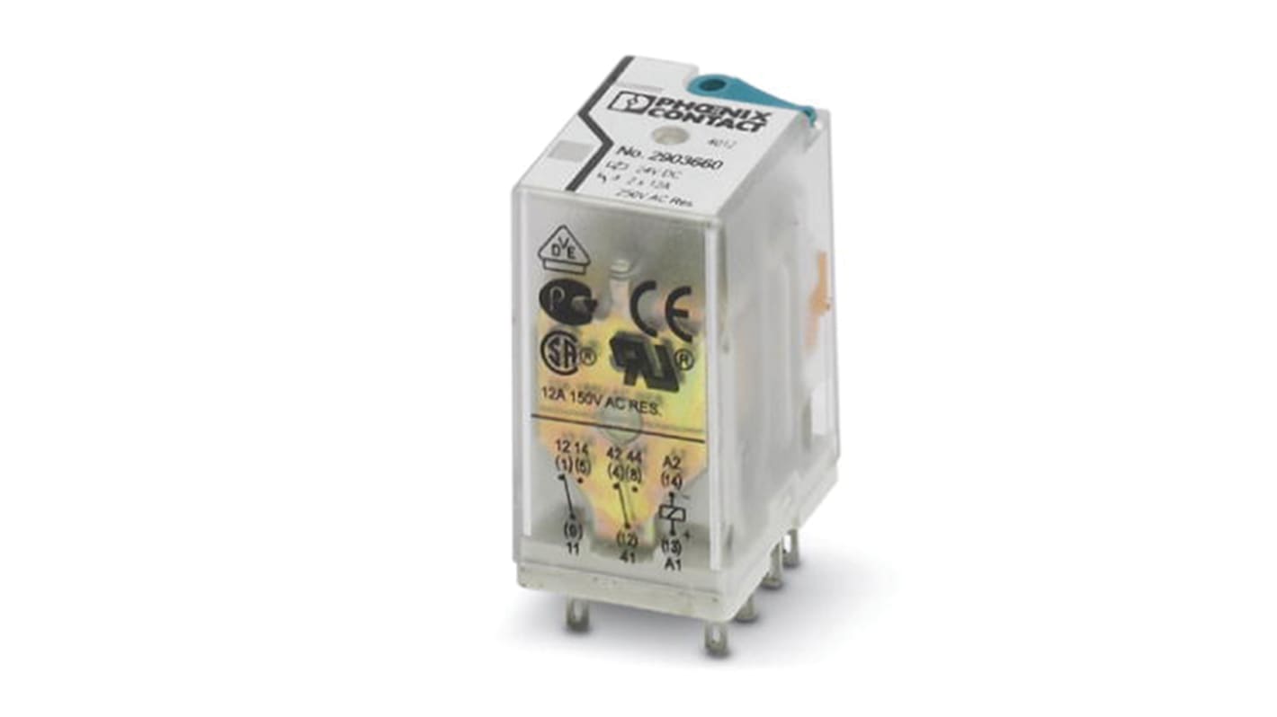 Relè di potenza Phoenix Contact 2903665, serie REL-IR2/LDP-220DC/2X21 con 2 DPDT, LED di stato e diodo di libera circolazione per applicazioni industriali.