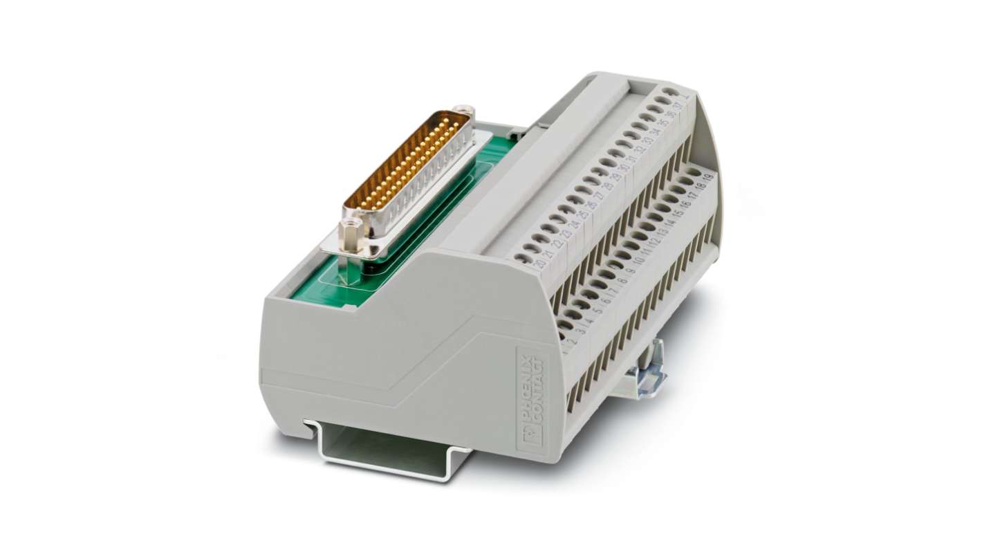 Modulo VARIOFACE Phoenix Contact 2900676 per montaggio su guide NS 35, con collegamento a vite e pin maschio D-SUB. Dimensioni 101 x 45,1 x 65,5 mm, temperatura operativa massima +50°C.