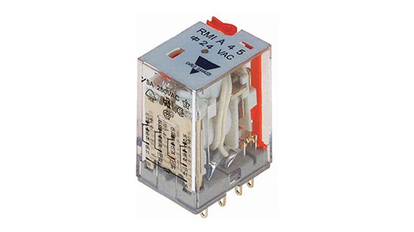 Relè monostabile Carlo Gavazzi RMIA45024AC, 4PDT, 24V, montaggio a innesto, dimensioni 28mm x 21,5mm x 36mm.