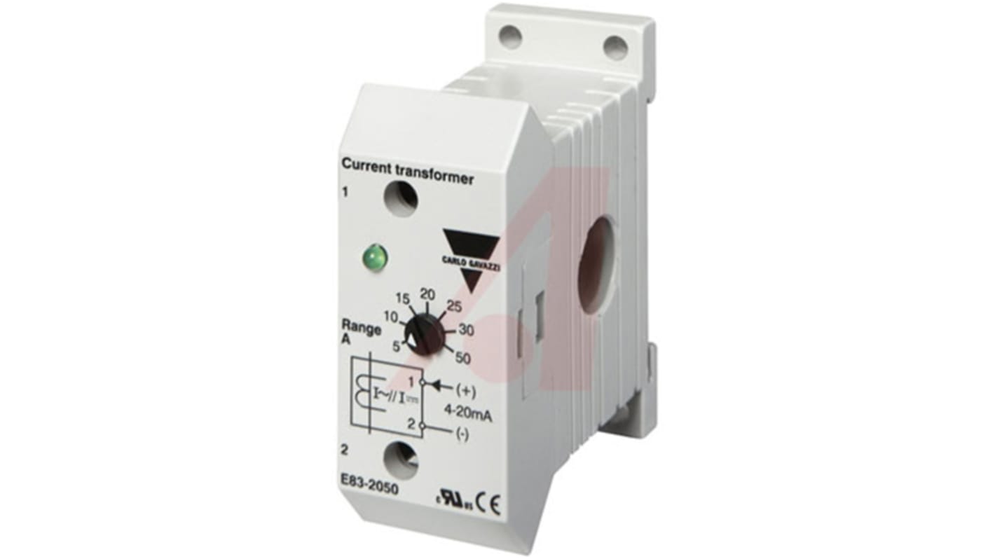 Trasformatore di corrente Carlo Gavazzi E83-2050, foro 12mm, dimensioni 56 x 22,5 x 47,4 mm, rapporto 100:1.