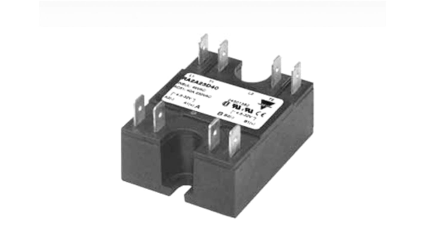 Relè a stato solido Carlo Gavazzi RA2A48D25, montaggio a pannello, 50 A, 530 V c.a., dimensioni 44,5 x 57,8 x 23,3 mm.