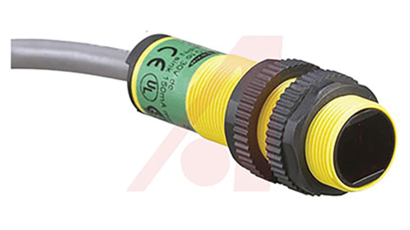 Sensore fotoelettrico cilindrico Banner S18SN6DL, rilevamento 300 mm, uscita NPN, grado di protezione IP69K.