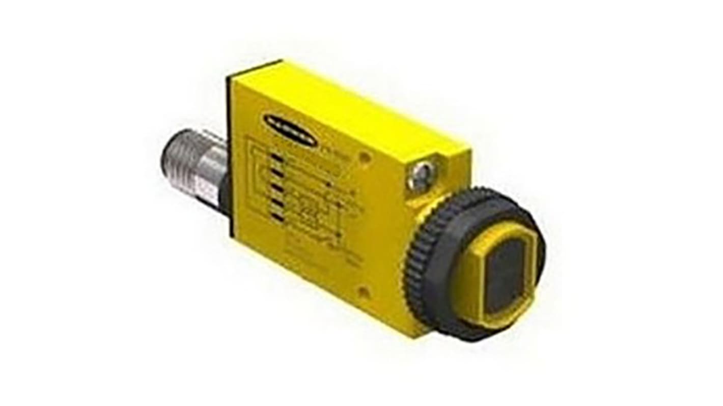 Sensore fotoelettrico rettangolare Banner SM312C2QD, rilevamento 43 mm, uscita NPN/PNP, IP67, montaggio a nasello o vite M18.