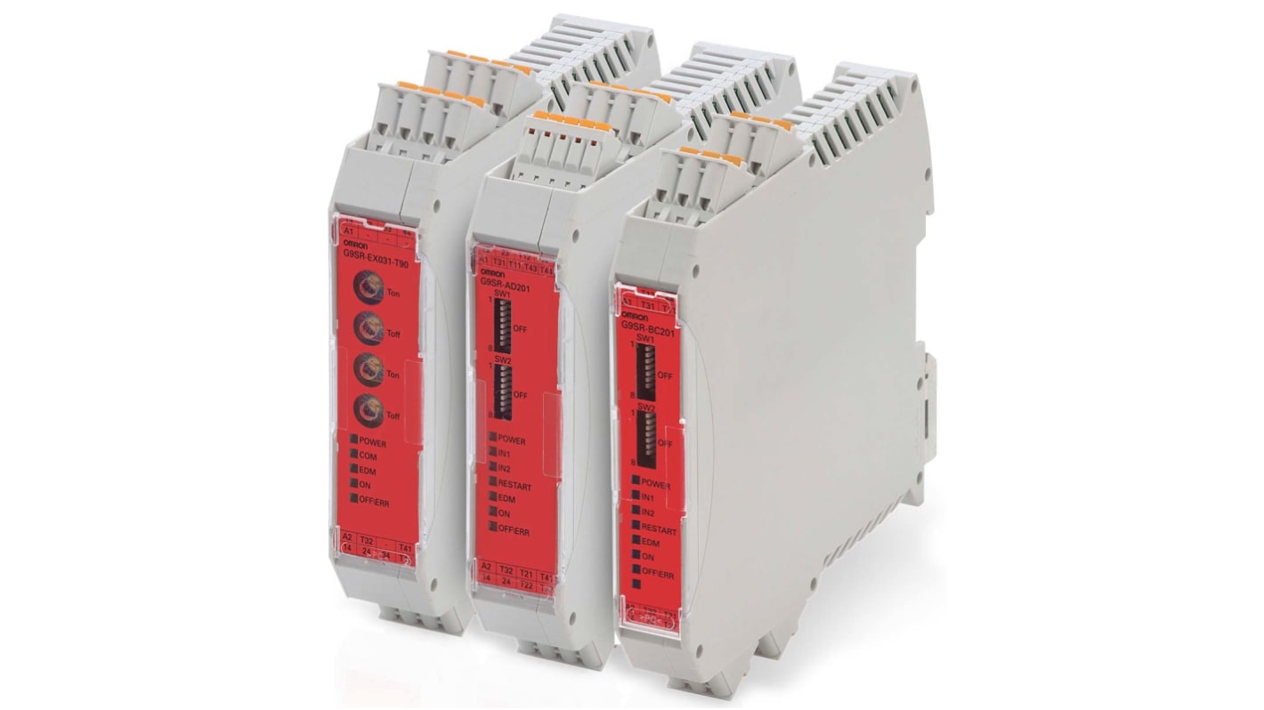 Modulo d'uscita Omron G9SR-EX031-T90-RC, relè di sicurezza 24 V c.c., 2 ingressi/uscite, dimensioni 114,5 x 99 x 22,5 mm.