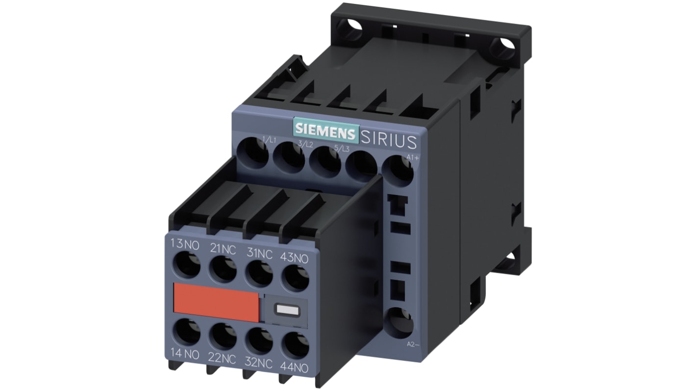 Contattore Siemens 3RT2015-1BB44-3MA0, 3 poli, 7 A, 24 V c.c., 400 V c.a., dimensioni 45x45x117 mm, montaggio a vite.