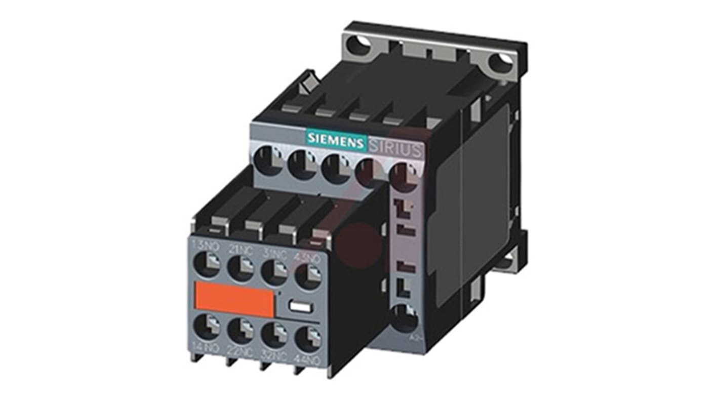 Contattore Siemens 3RT2016-1BB44-3MA0, 3 poli, 9 A, 24 V c.c., 400 V c.a., dimensioni 45x45x117 mm, montaggio a vite.
