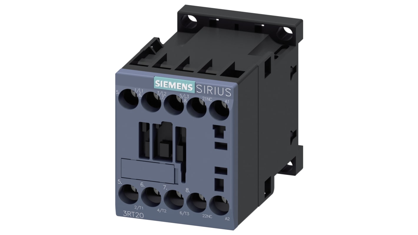 Contattore Siemens 3RT2016-1AP62, 3 poli, 9 A, 230 V ca, 400 V c.a., dimensioni 45x45x73 mm, montaggio a vite.