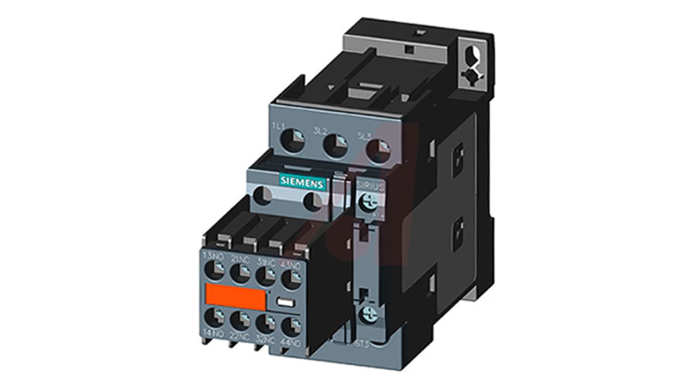 Contattore Siemens 3RT2027-1BB44-3MA0, 3 poli, 32 A, 15 kW, 24 V c.c., 400 V c.a., dimensioni 85x45x151 mm.