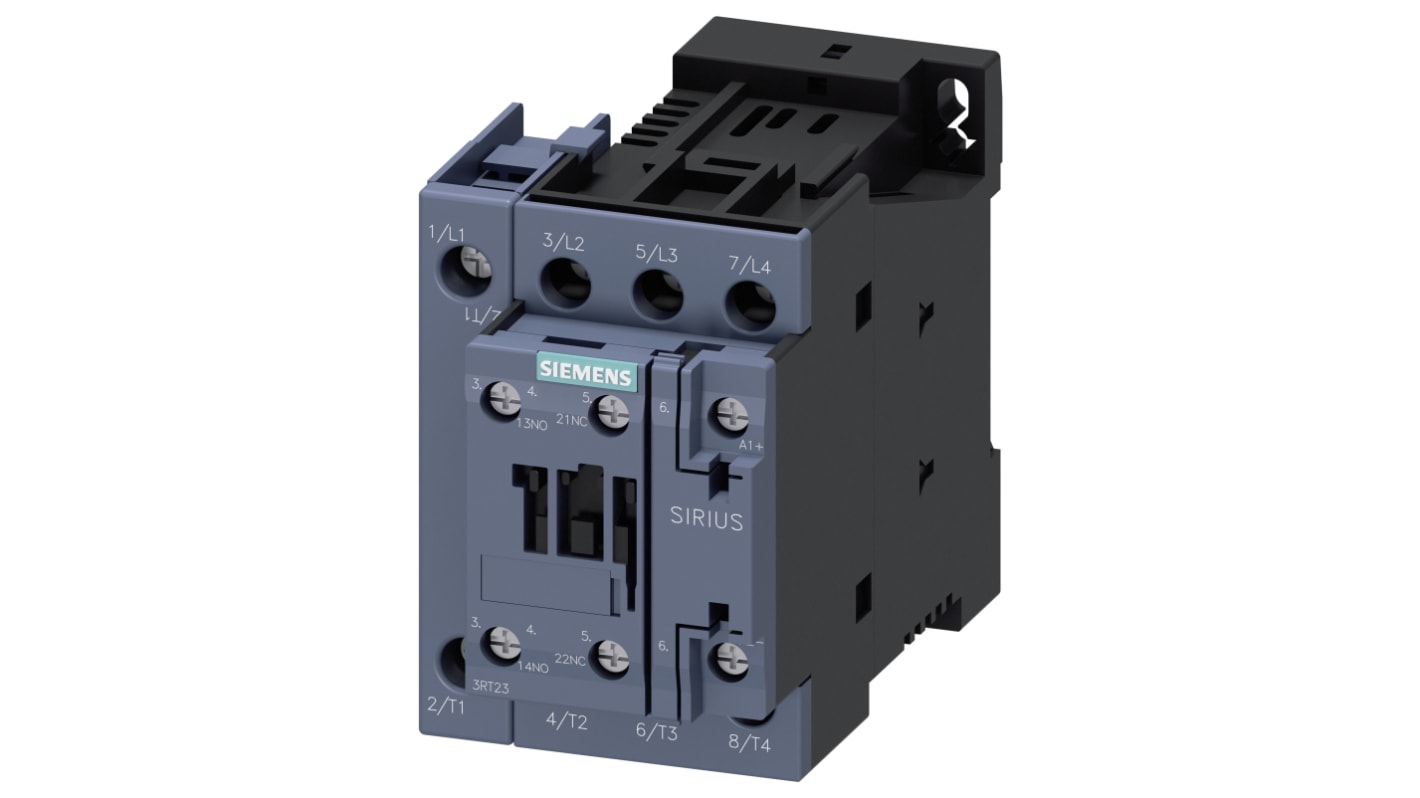 Contattore Siemens 3RT2325-1BB40, 4 poli, 15,5 A, bobina 24 V c.c., dimensioni 60x85x107 mm, per applicazioni industriali.