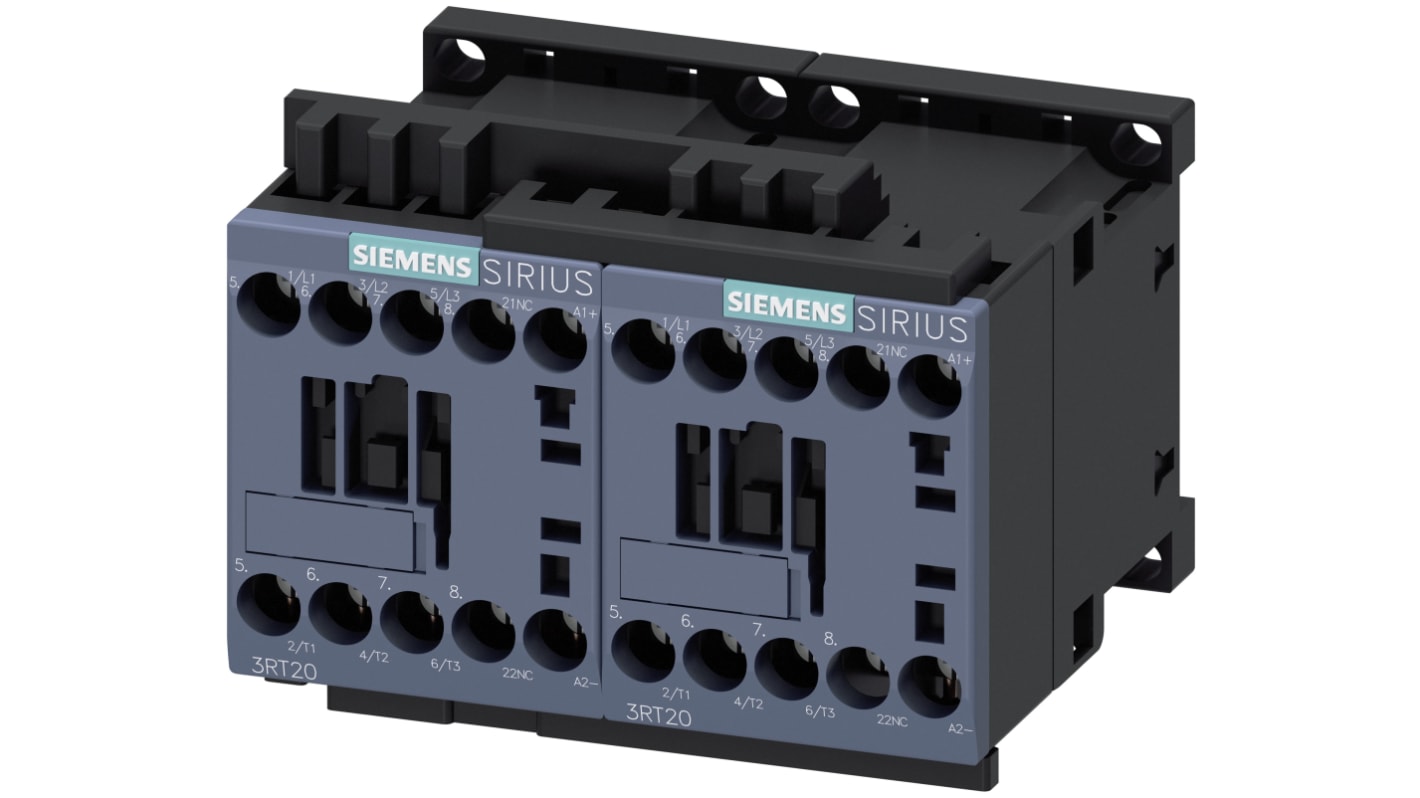 Teleinvertore reversibile Siemens 3RA2315-8XB30-1BB4, 3 poli, 7 A, 400 V c.a., montaggio su guida DIN, dimensioni 90x68x73 mm.