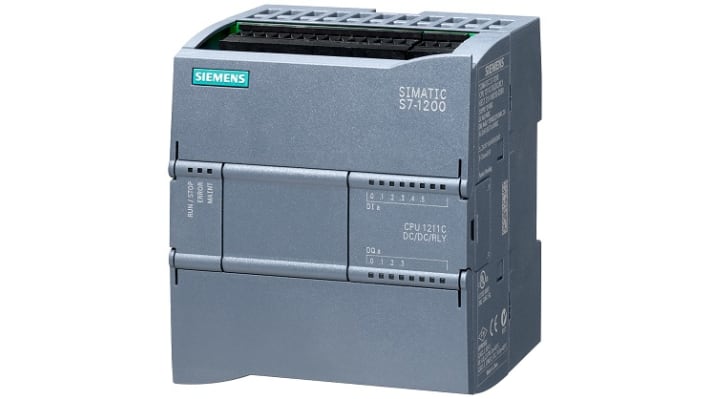 CPU PLC Siemens SIMATIC S7-1200, 6 ingressi, 4 uscite - Memoria 1MB per automazione industriale. Adatto a cancelli automatici, linee di assemblaggio e ascensori.
