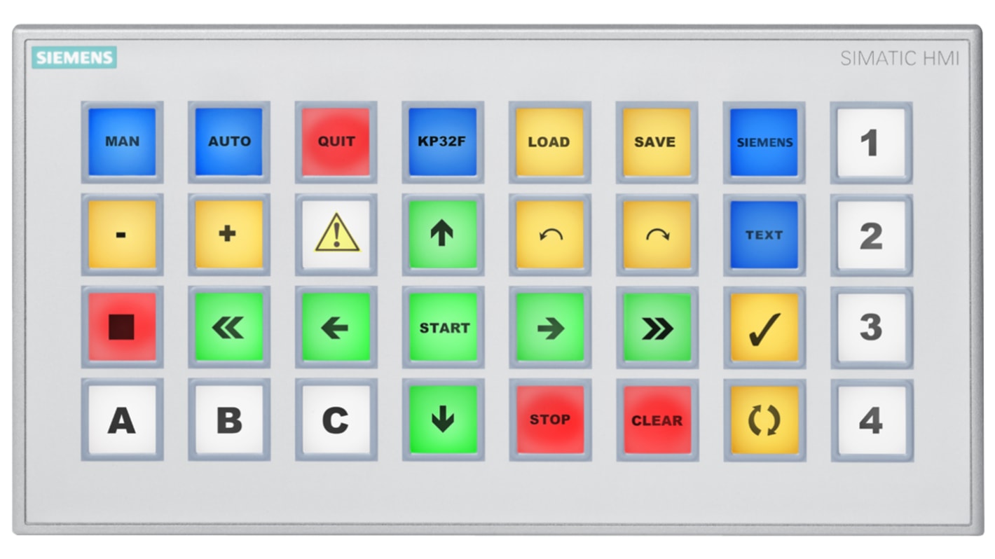 Pannello tasti HMI Siemens 6AV3688-3EH47-0AX0, touchscreen, 32 ingressi, 16 uscite, IP65, 295 x 155 x 69 mm.