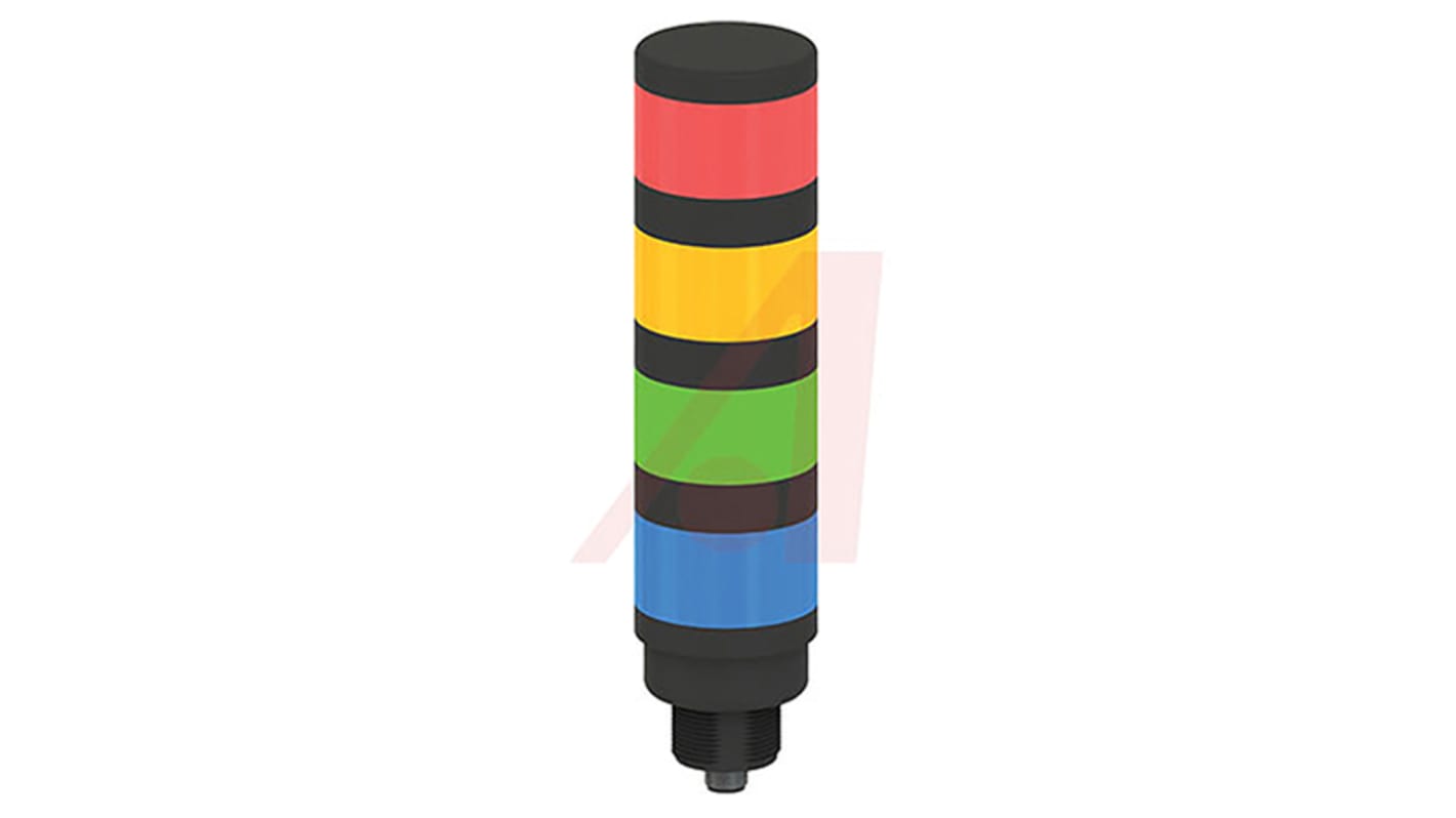 Torretta di segnalazione LED Banner TL50BGYRQ, 4 elementi in blu, verde, rosso e giallo, altezza 210,6 mm, IP67, montaggio versatile.