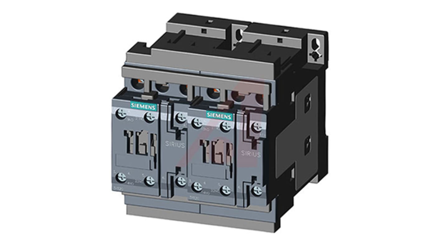 Contattore reversibile Siemens 3RA2328-8XB30-1BB4, 3 poli, 38 A, 400 V c.a., montaggio su guida DIN, dimensioni 90x101x107 mm.
