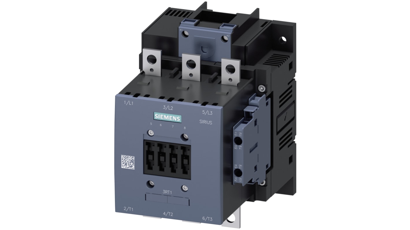 Contattore Siemens 3RT1055-6AF36, 3 poli, corrente 150 A, tensione 400 V c.a., dimensioni 172 x 120 x 170 mm.