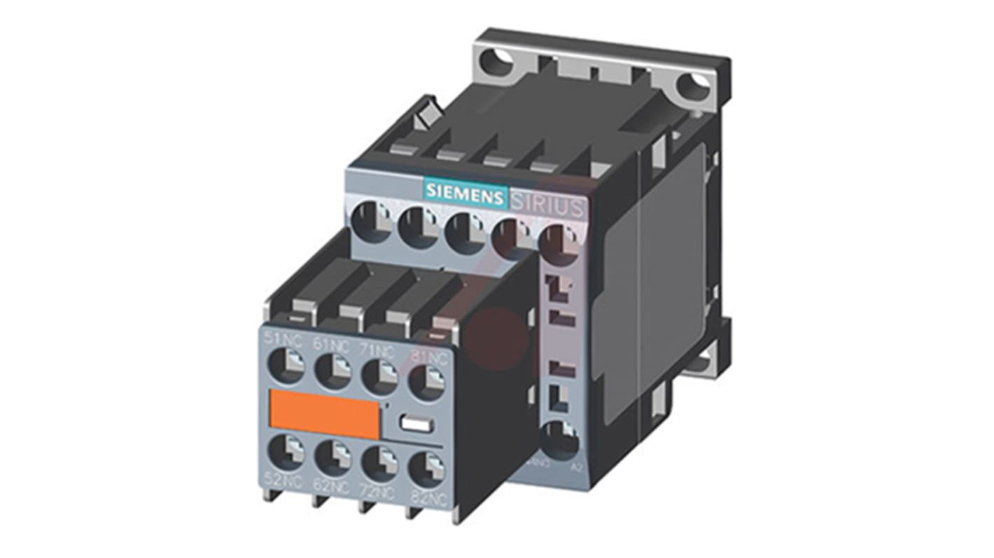 Contattore Siemens 3RH2244-1AK60, 4 poli, 6 A, bobina 110 V c.a., dimensioni 45mm x 45mm x 116.7mm, espandibile a 8 contatti ausiliari.