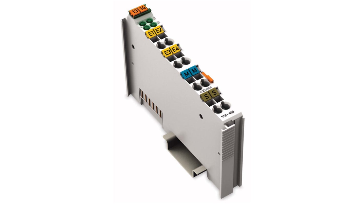 Modulo I/O analogico Wago 750-468 per guida DIN, 4 ingressi, uscita tensione, dimensioni 64 x 12 x 100 mm.
