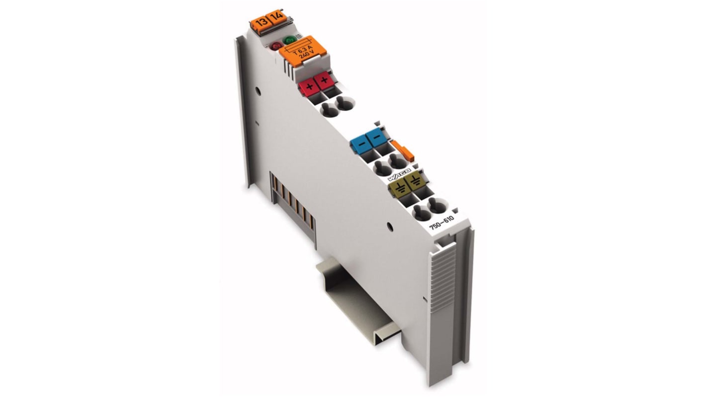 Alimentatore PLC Wago 750-610, 24 V c.c., 6,3 A, con diagnostica fusibile e LED, dimensioni 64 x 12 x 100 mm.