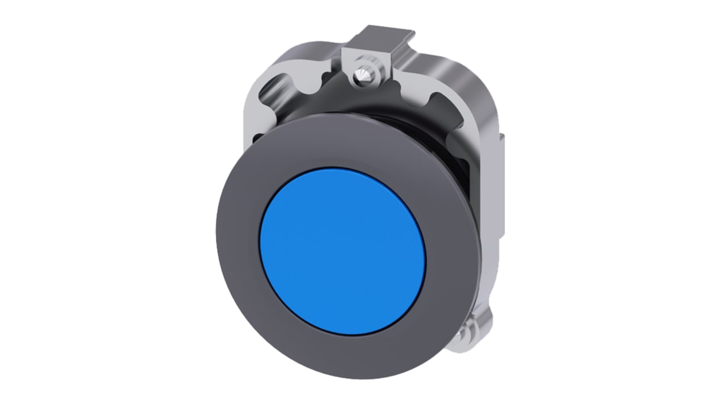 Attuatore pulsante Siemens SIRIUS ACT, diametro foro 30 mm, blu, protezione IP69K, attuazione instabile, installazione senza utensili.