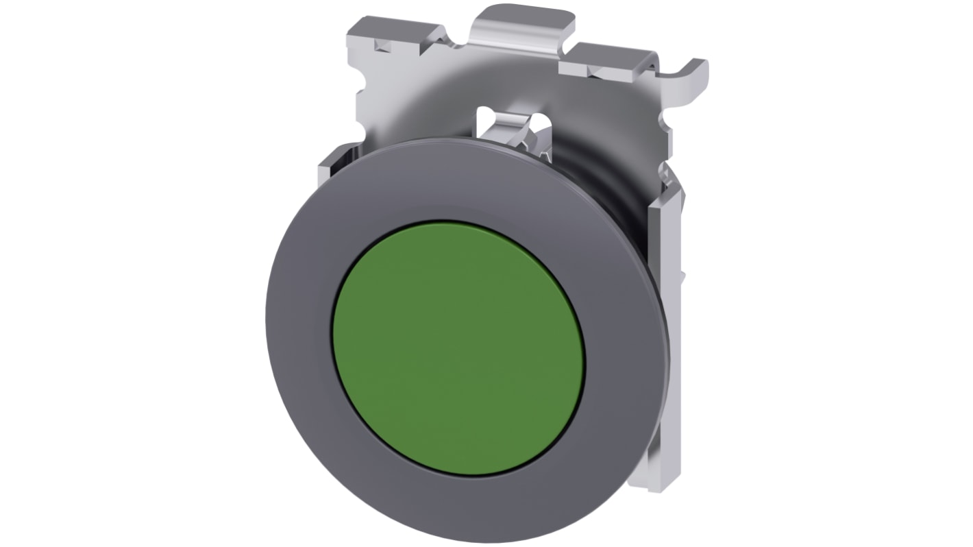 Attuatore pulsante instabile Siemens SIRIUS ACT, diametro foro 30 mm, verde, montaggio senza utensili, protezione IP69K.
