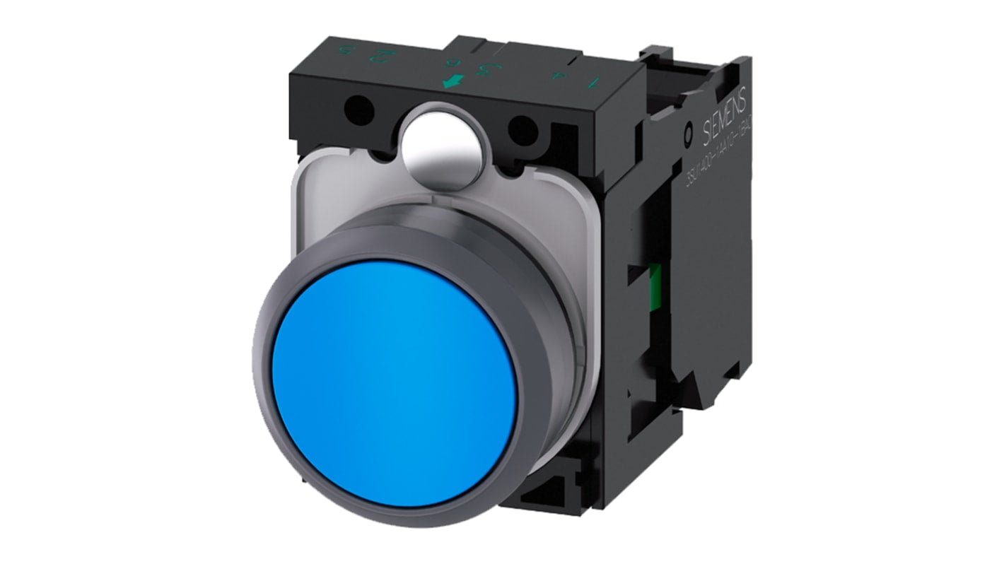 Pulsante Siemens SPST montaggio a pannello, diametro 22 mm, colore blu, grado di protezione IP69K, temperatura -25/+70 °C.