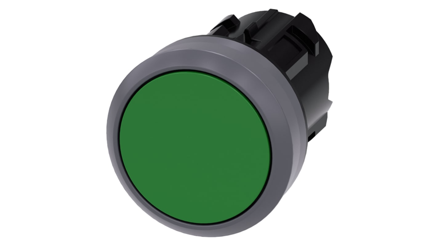 Attuatore pulsante Siemens SIRIUS ACT verde, diametro foro 22 mm, protezione IP69K, montaggio senza utensili.