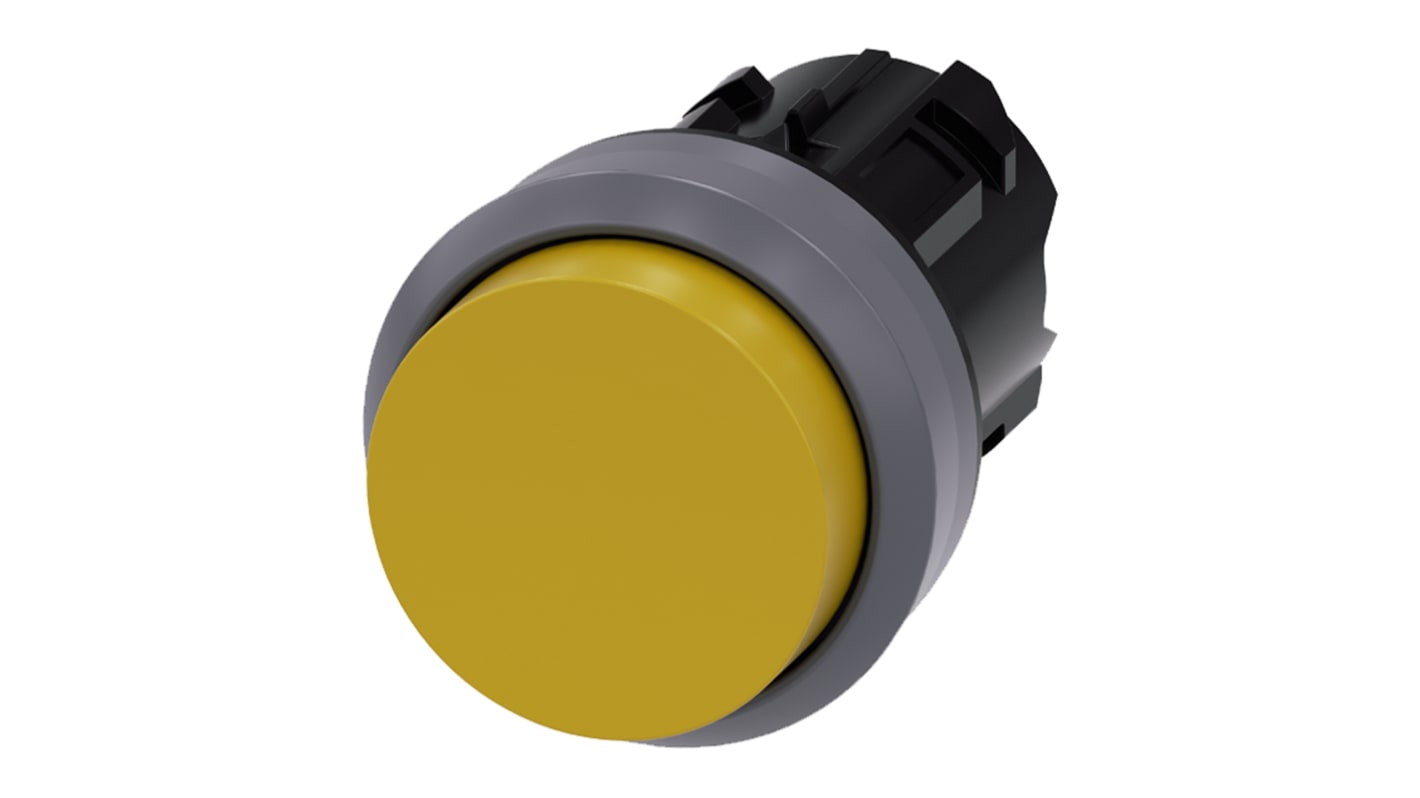 Attuatore pulsante instabile Siemens SIRIUS ACT, giallo, diametro foro 22 mm, protezione IP69K, montaggio senza utensili.