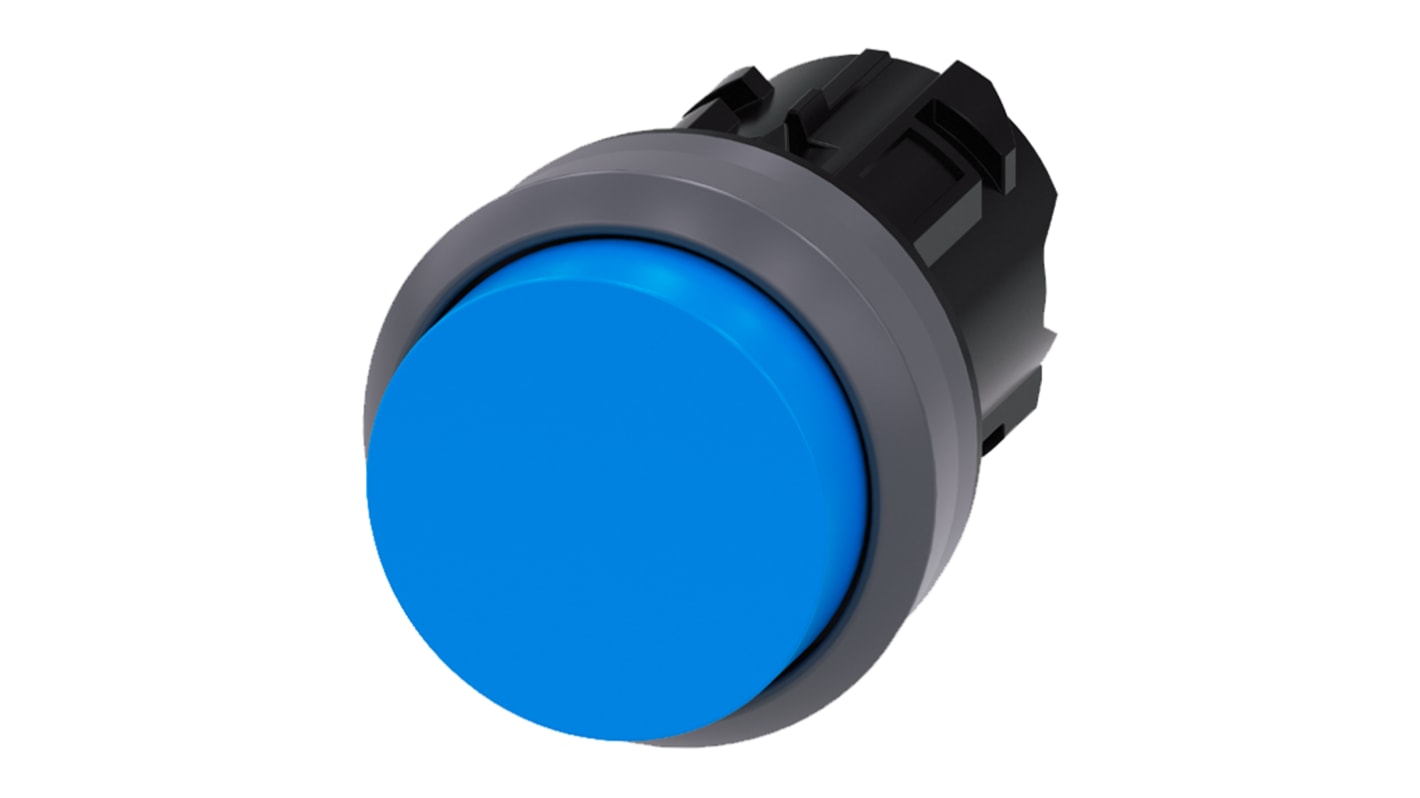 Attuatore pulsante instabile Siemens SIRIUS ACT, diametro foro 22 mm, blu, protezione IP69K, montaggio senza utensili.