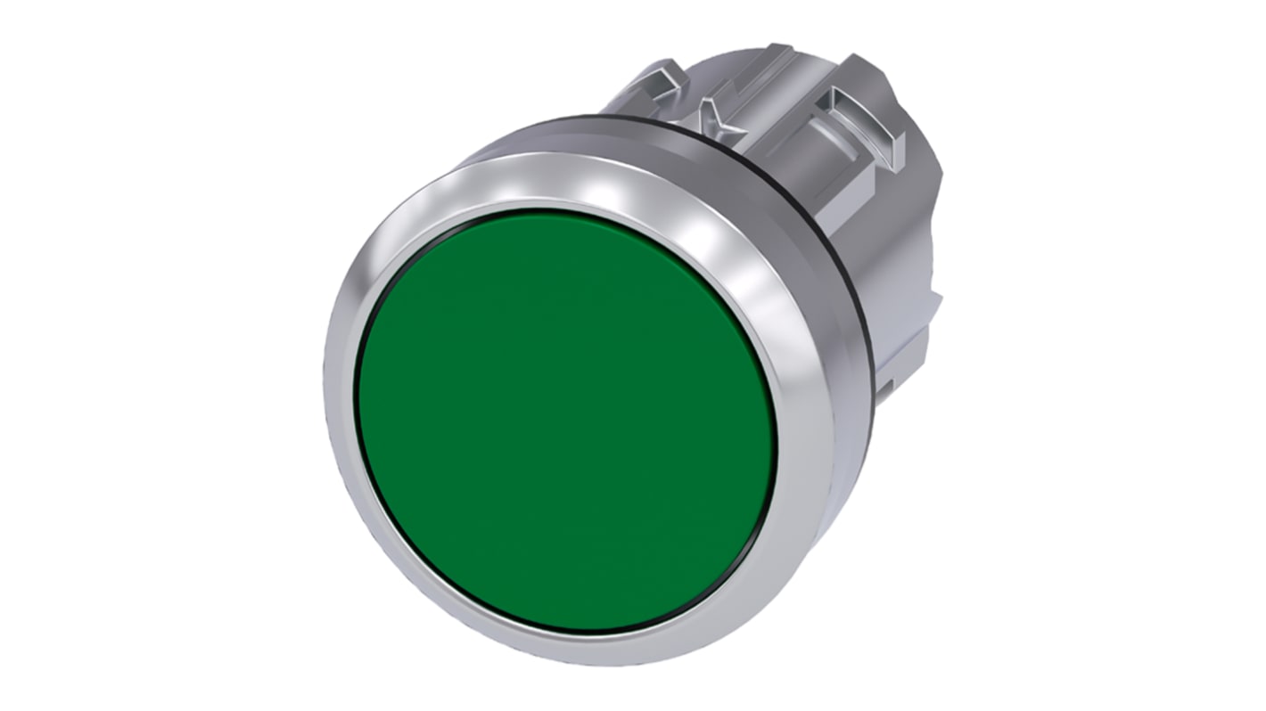 Attuatore pulsante Siemens 3SU1050-0AB40-0AA0 in metallo lucido 22mm IP69K, ideale per ambienti estremi. Instabile, verde.