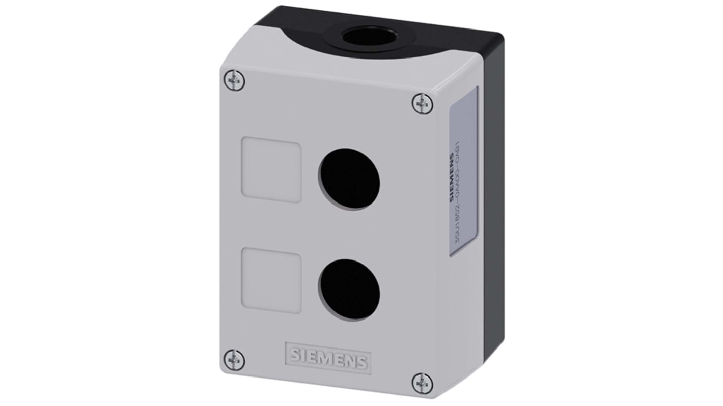 Scatola per pulsante Siemens 3SU1852-0AA00-0AB1, 2 fori da 22mm, grigia, dimensioni 85 x 118.4 x 64mm, per dispositivi di comando.