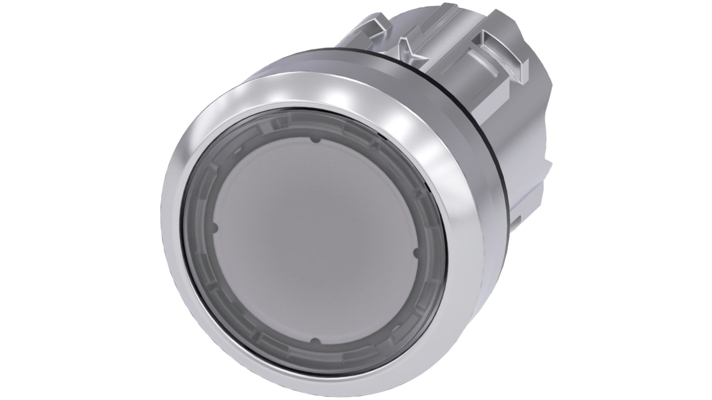 Attuatore pulsante instabile Siemens SIRIUS ACT, diametro 22 mm, metallo lucido, IP69K, progettato per ambienti estremi.
