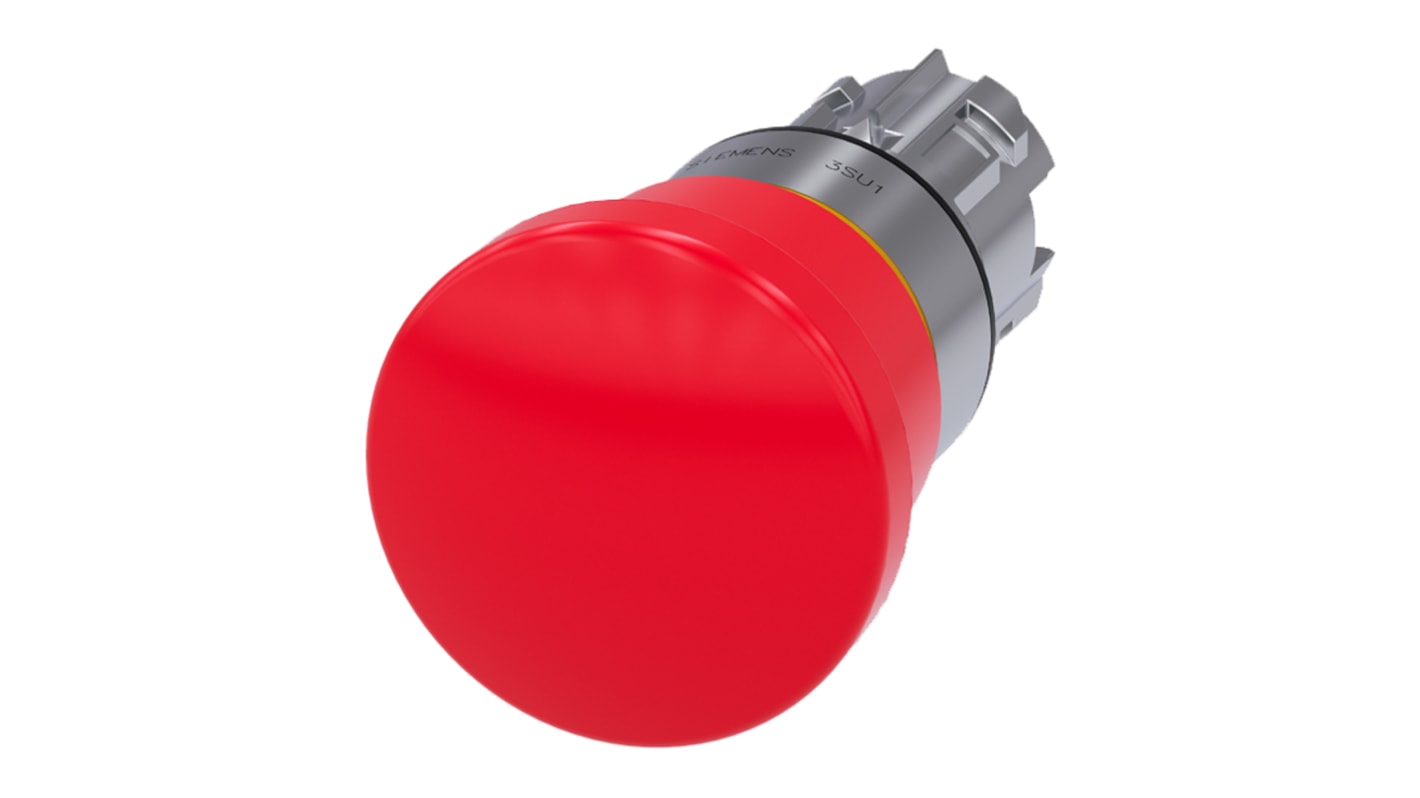 Testa per pulsante a fungo di arresto di emergenza Siemens 3SU1050-1HA20-0AA0 in metallo, Ø 22mm, IP69K. Robusta e ideale per ambienti estremi.