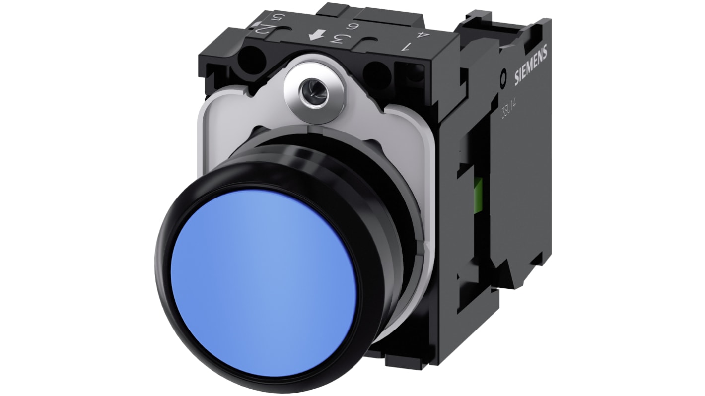 Pulsante Siemens SPST blu, montaggio a pannello, diametro 22 mm, illuminato, grado di protezione IP69K.