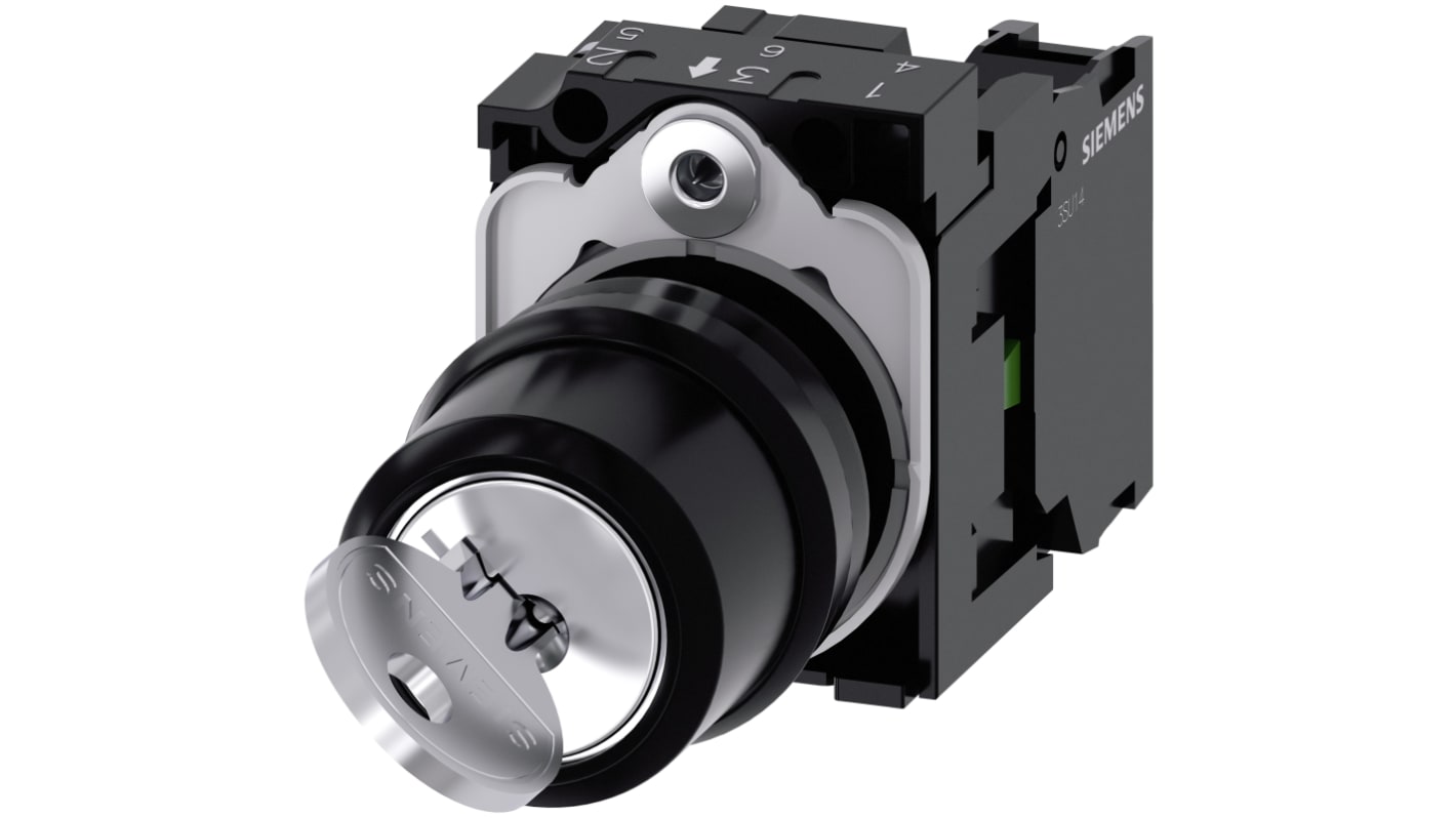 Interruttore a chiave SPST Siemens 3SU1100-4BF11-1BA0, grado di protezione IP20, montaggio su pannello 22 mm.