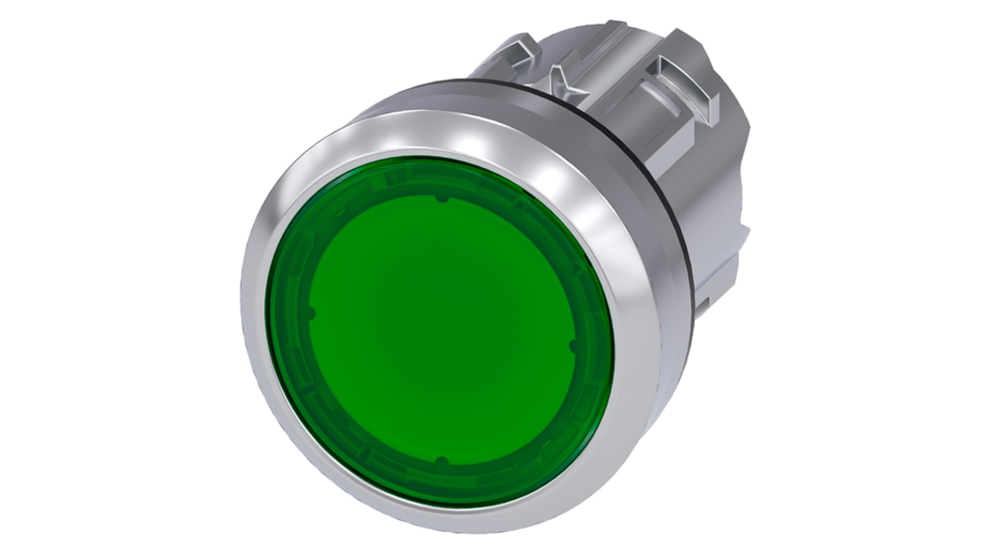Attuatore pulsante Siemens 3SU1051-0AB40-0AA0 in metallo lucido 22mm IP69K verde - SIRIUS ACT. Robusto e adatto a ambienti estremi.