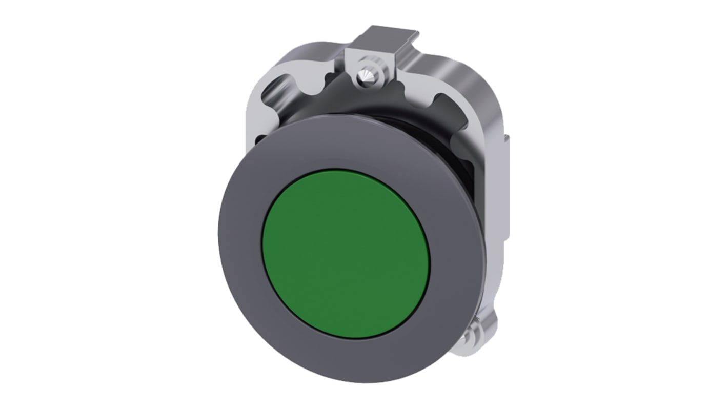 Siemens attuatore pulsante SIRIUS ACT verde, diametro foro 30 mm, protezione IP69K, attuazione instabile, moduli di contatto impilabili.