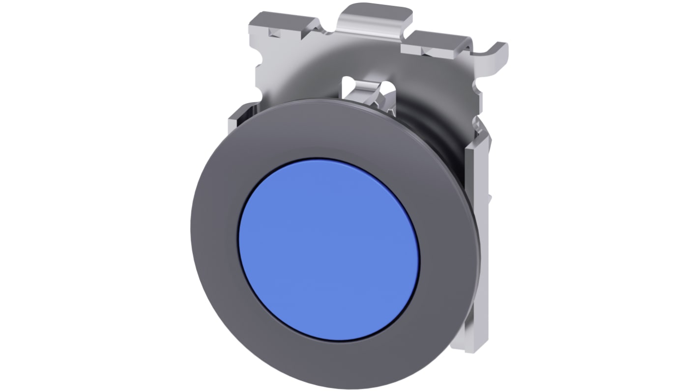 Attuatore pulsante instabile Siemens SIRIUS ACT, diametro foro 30 mm, colore blu, protezione IP69K, montaggio senza utensili.