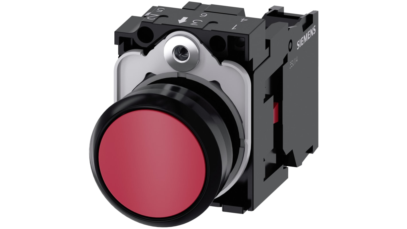 Pulsante rotondo Siemens SPST, montaggio a pannello, diametro 22 mm, colore rosso, grado di protezione IP69K.