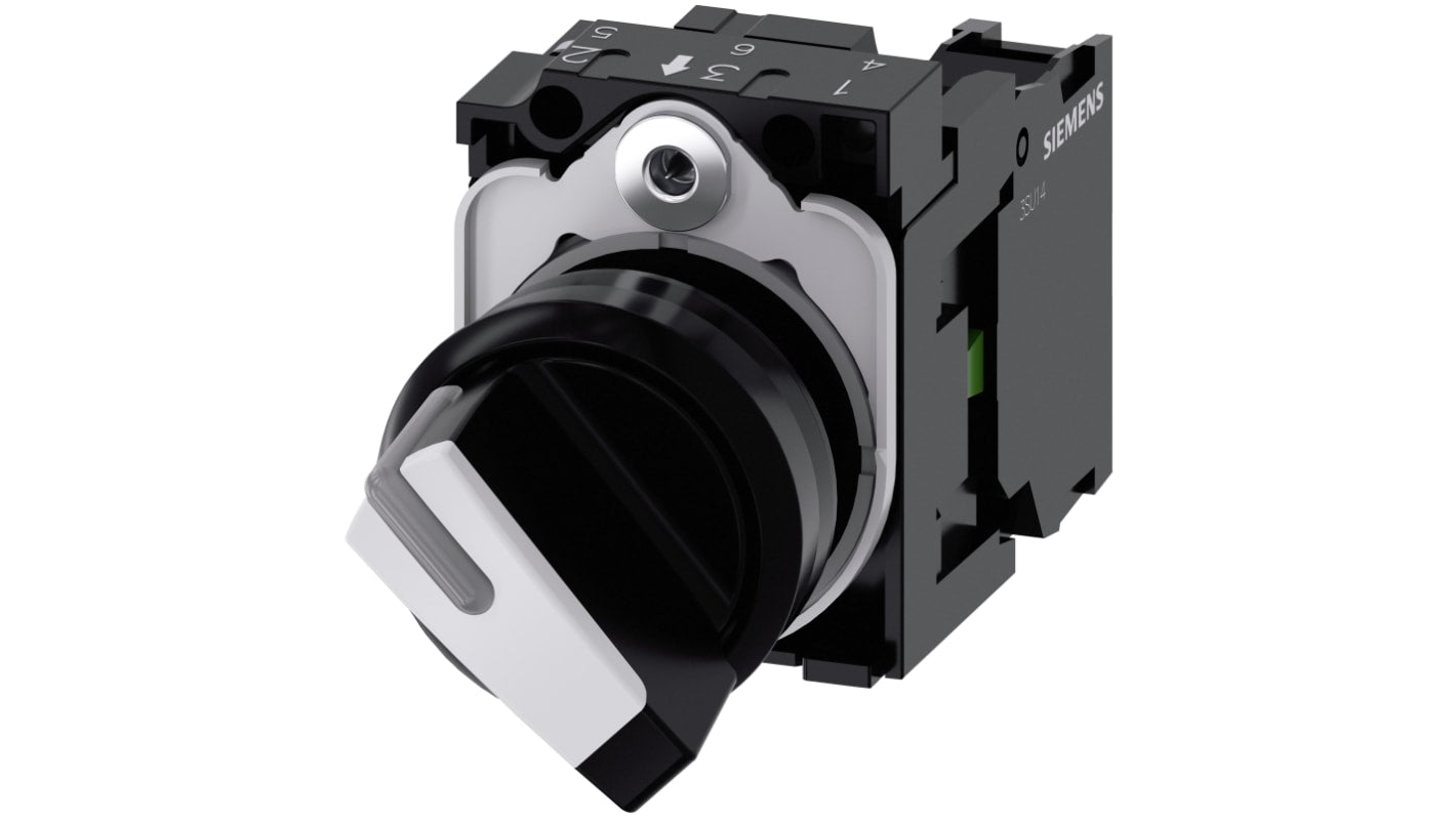 Selettore a 2 posizioni Siemens, diametro foro 22.3mm, corrente 10A, tensione 500V, grado di protezione IP20, colore nero.