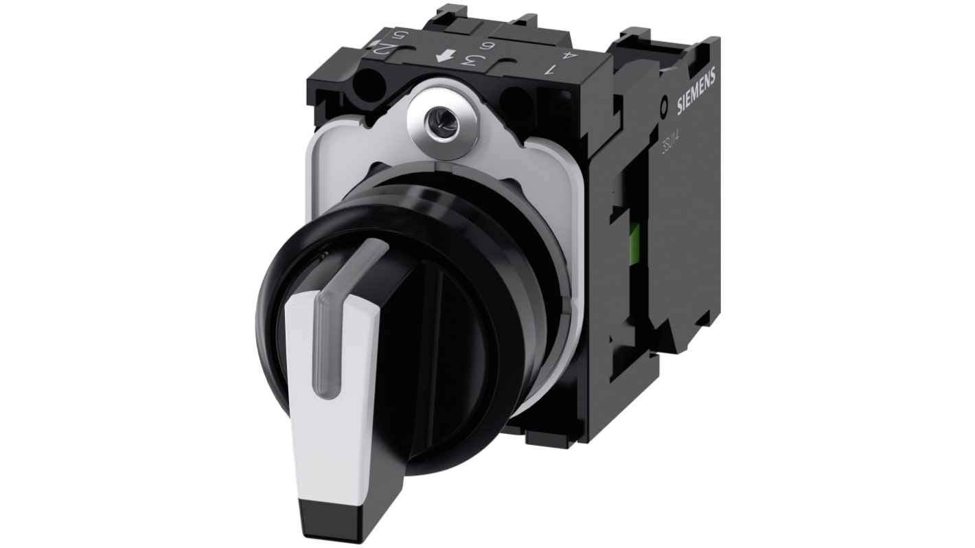 Selettore a 3 posizioni Siemens SIRIUS ACT, azionamento momentaneo, IP20, 10A, 500V, dimensioni 78,5 x 40 x 30 mm, colore nero.