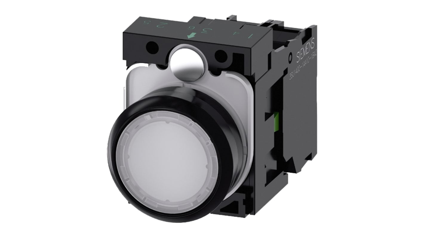 Unità completa per pulsante da 22 mm in plastica Siemens 3SU1102-0AB60-1BA0, resistente a condizioni estreme, SPST, montaggio a pannello, ideale per ambienti difficili.