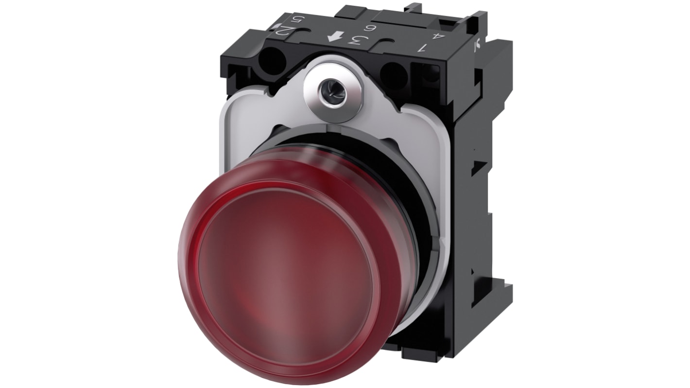 Siemens spia LED rotonda montaggio a pannello, diametro foro 22mm, tensione 230V, colore rosso, protezione IP20.