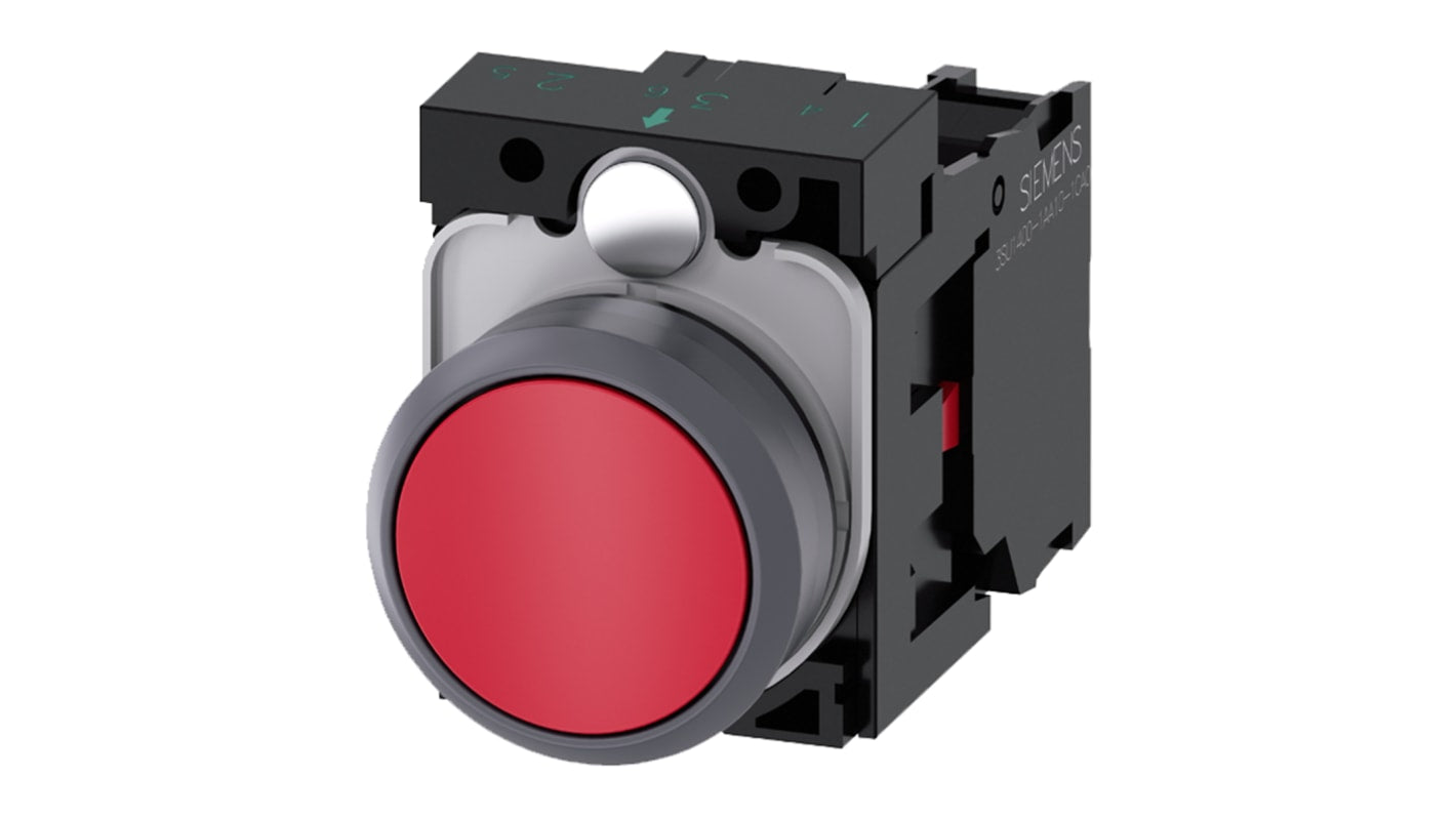 Pulsante Siemens SPST rosso, montaggio a pannello, diametro foratura 22 mm, grado di protezione IP69K, installazione senza utensili.