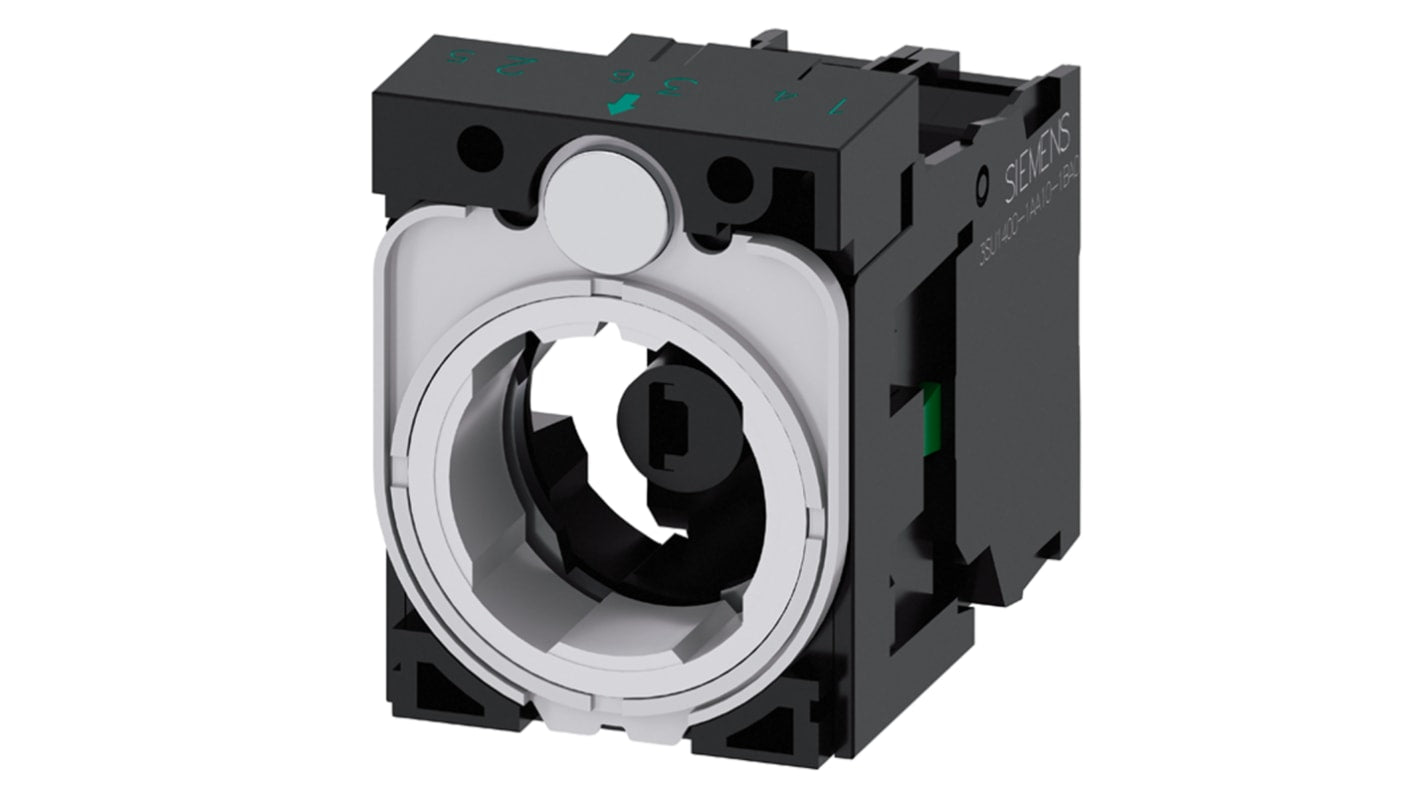 Blocco contatti luminoso LED giallo Siemens, tensione 6-24 V, corrente 6 A, montaggio senza utensili, design antirotazione.