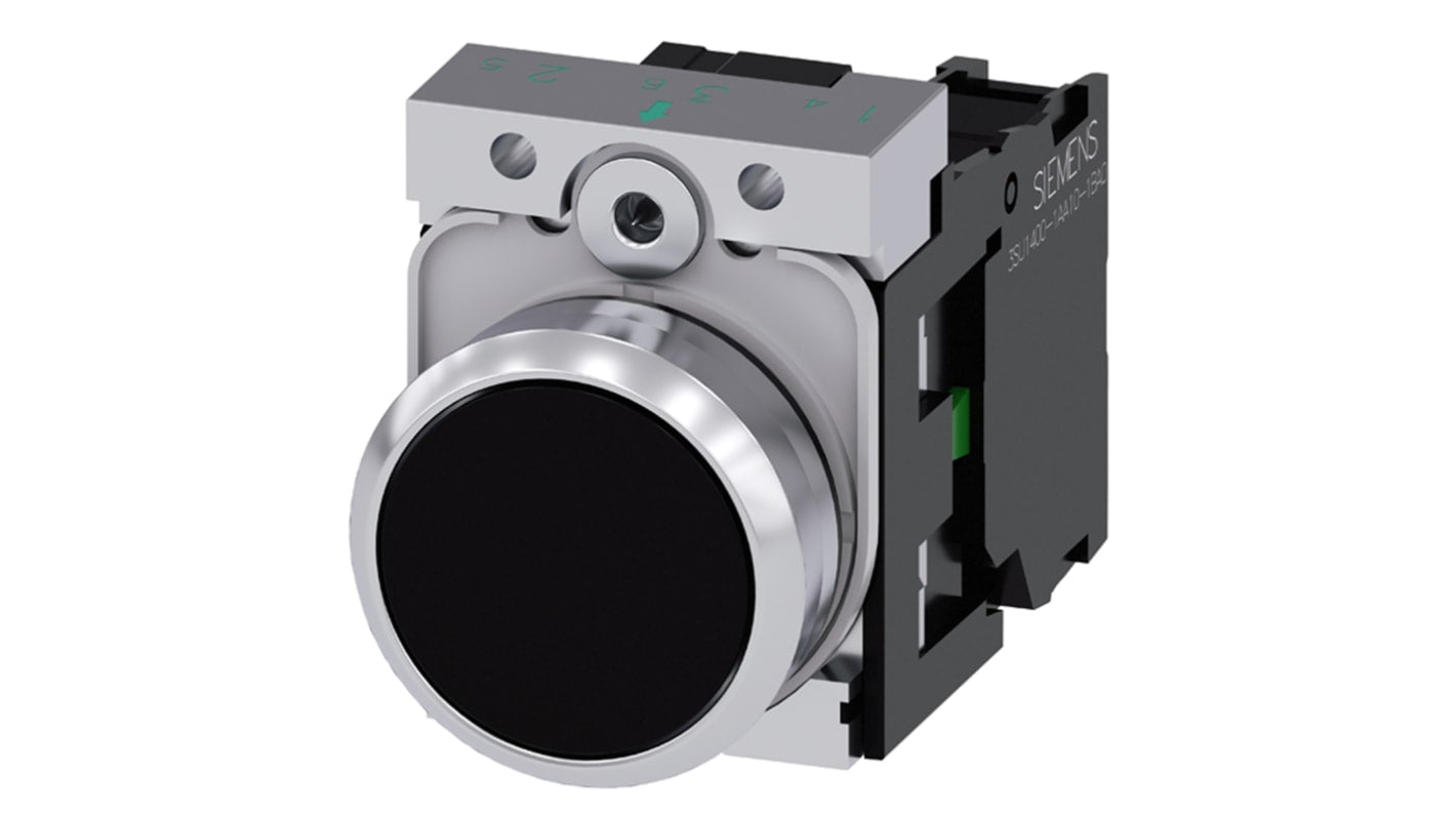 Pulsante SPST Siemens 3SU1150-0AB10-1BA0, montaggio a pannello, diametro 22 mm, grado di protezione IP69K, colore nero.