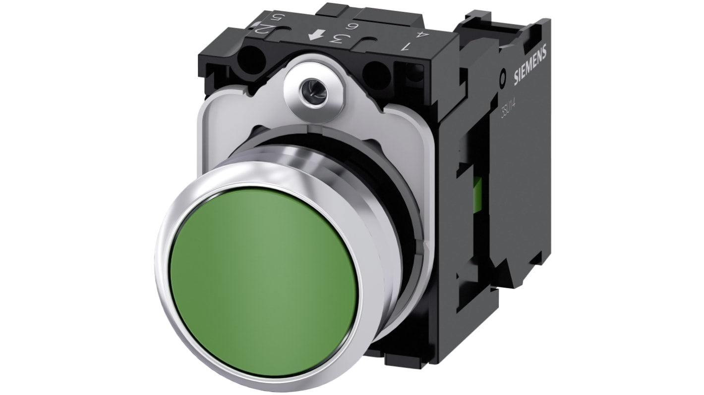 Pulsante Siemens SPST, montaggio a pannello, diametro 22 mm, colore verde, illuminato, per ambienti estremi.