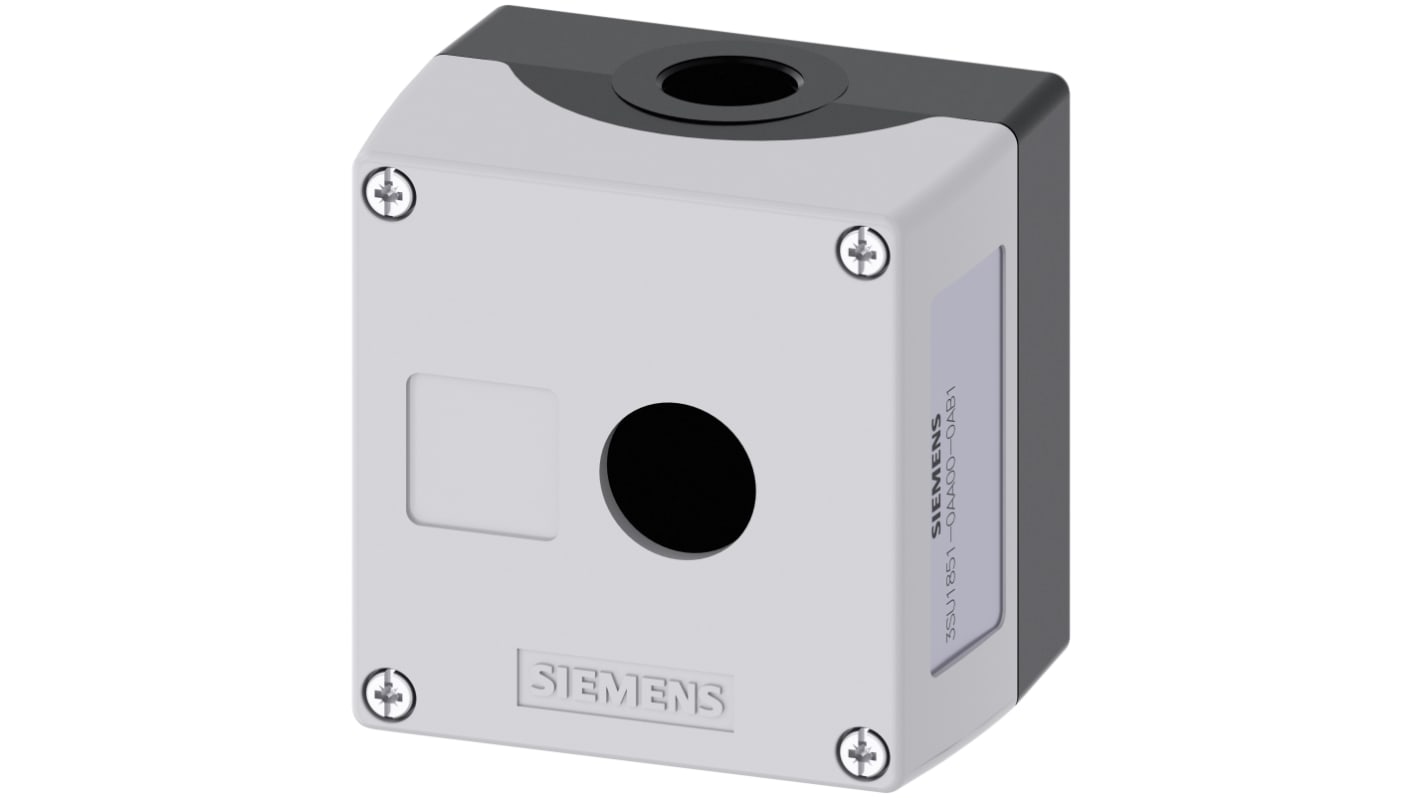 Scatola per pulsante Siemens SIRIUS ACT, grigia, 22mm, dimensioni 85 x 89.4 x 64mm, operativa da -25 a +70°C. Codice 3SU1851-0AA00-0AB1.