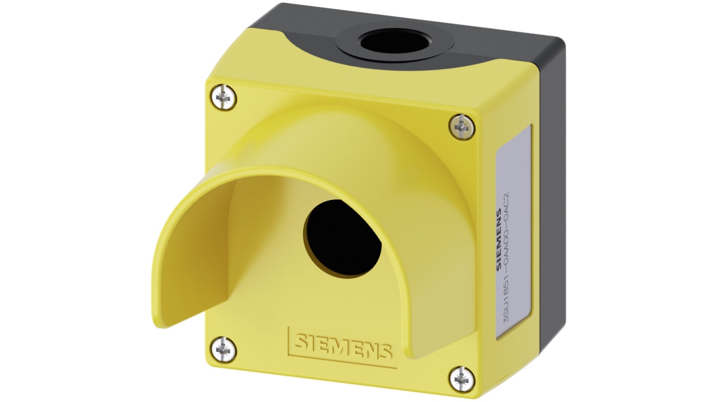 Scatola per pulsante Siemens SIRIUS ACT, gialla, 22mm, dimensioni 85x85x112.5mm, operativa da -25 a +70°C. Codice 3SU1851-0AA00-0AC2.