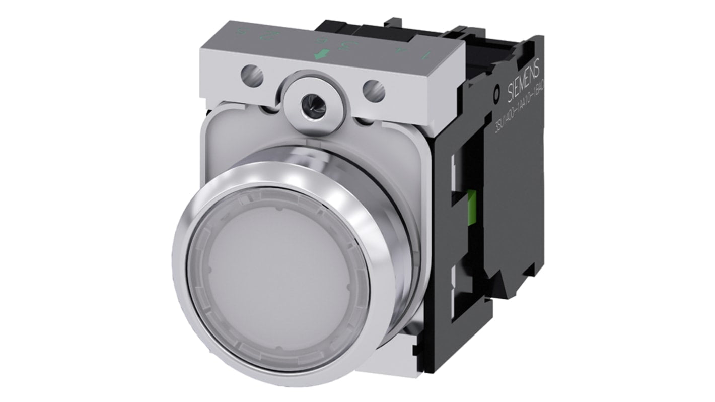 Pulsante luminoso Siemens SPST, montaggio a pannello, corpo metallico, grado di protezione IP66/IP67/IP69K, diametro 29.45 mm.