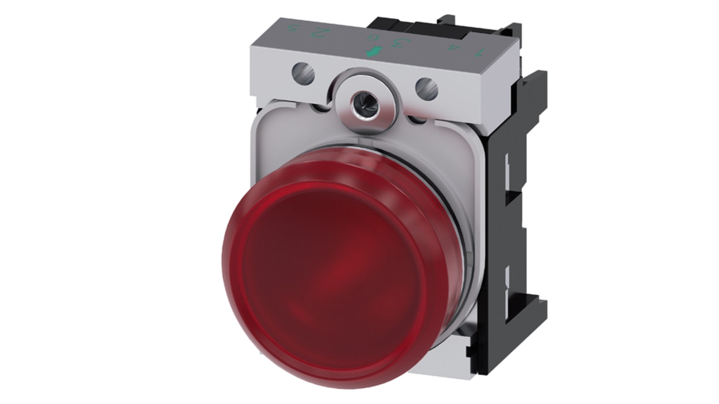 Spia LED Siemens 3SU1152-6AA20-1AA0, montaggio a pannello, diametro 22 mm, rosso, 24V, grado di protezione IP20.